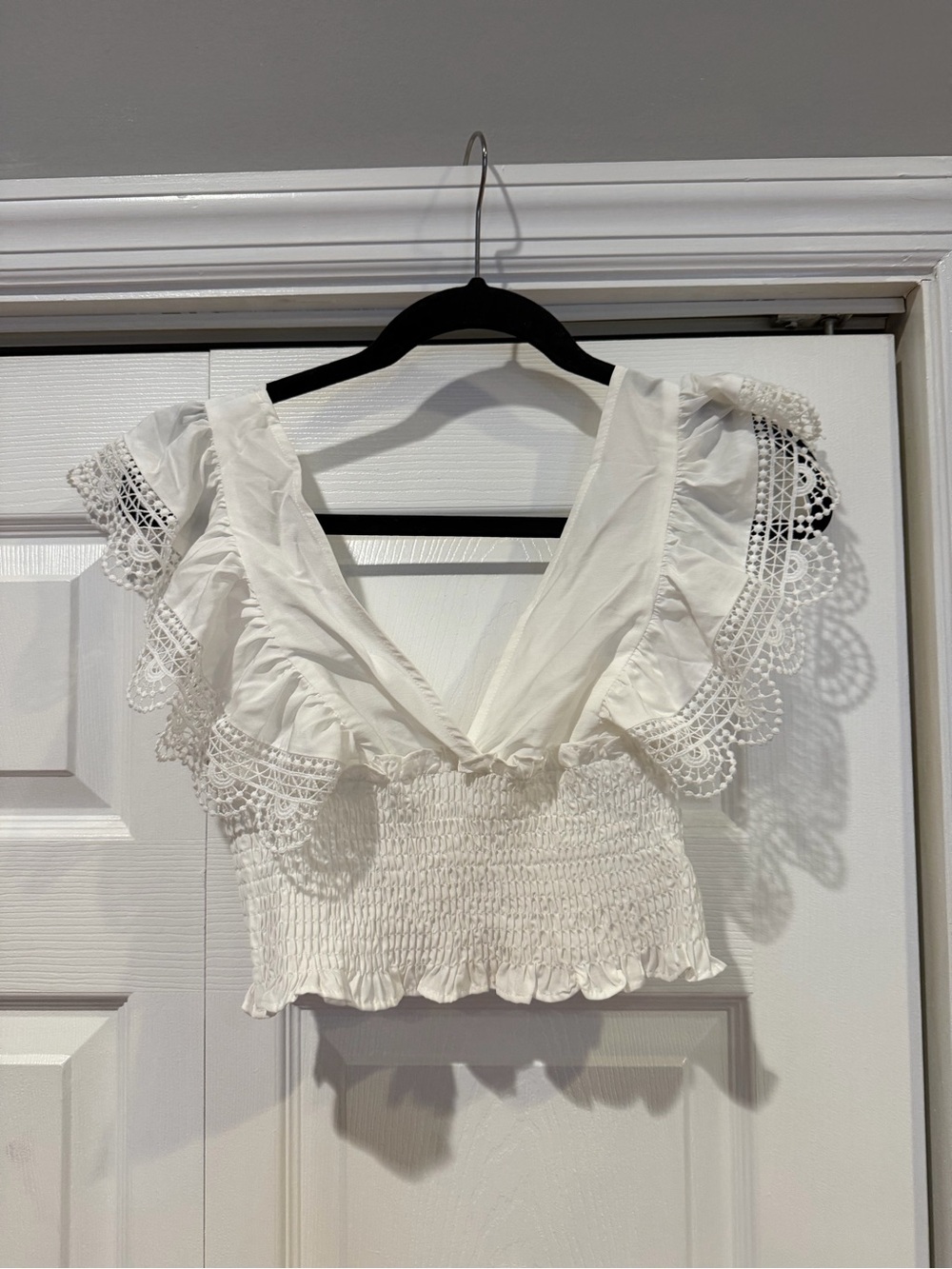 Zara White Lace-Trim Smocked V-Neck Crop Top